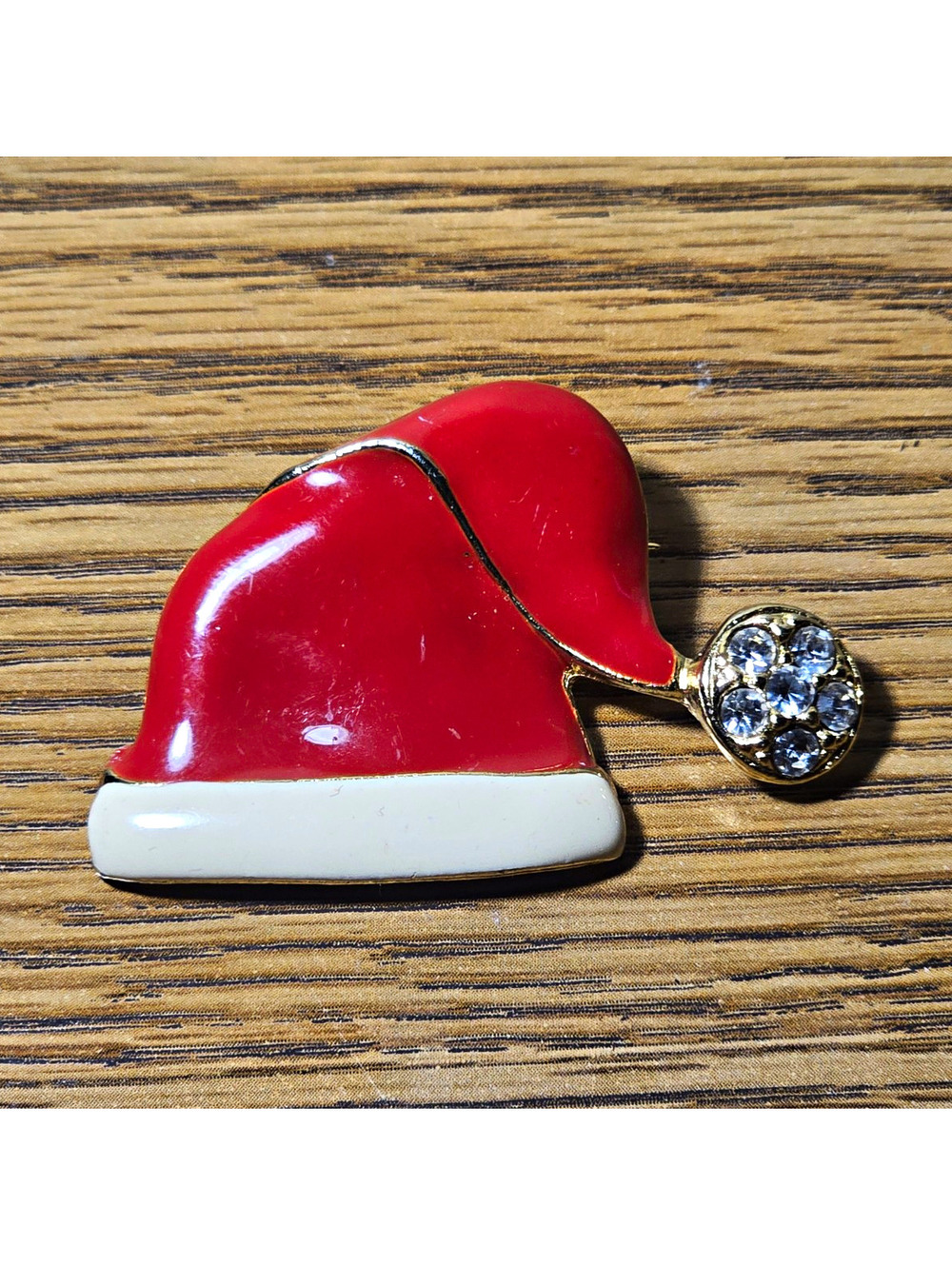 Vintage Santa Hat Brooch Red White Enamel Rhinestone Gold Tone Christmas Pin